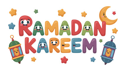 Fototapeta premium Ramadan Kareem Illustration: Festive and colorful illustration of Ramadan Kareem with a crescent moon, stars, and lanterns. A visual representation of the spirit of Ramadan.
