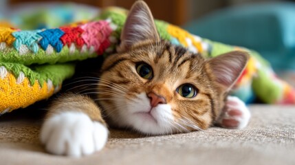 Playful Kitten Peeking Out from Colorful Blanket in Close-Up Portrait Photography