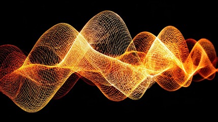 Golden Particle Wave on Black Background with Dynamic Movement and Flowing Pattern Representing Energy Data and Advanced Technology Conceptualized Art