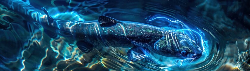 An electric eel swims through a crystalclear river, leaving a trail of vibrant blue electricity in its wake power car