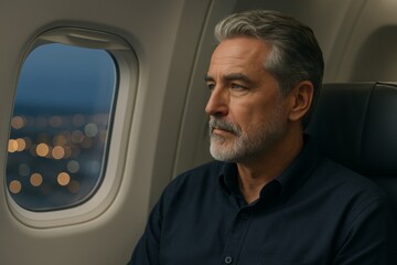 Thoughtful mature man gazing out airplane window during evening flight, interior cabin lights and city bokeh outside create introspective mood.. Ai generative