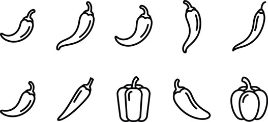 Minimal Chilli Pepper Line Icon Set for Spicy Food Branding, Culinary Lifestyle, and Modern Design