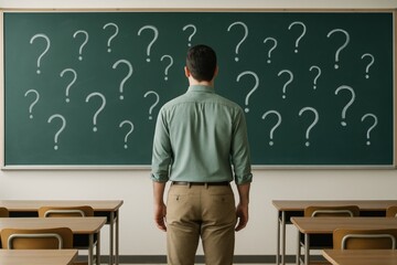 Man standing in classroom facing chalkboard full of question marks, symbolizing confusion or decision-making in education or career path concept. Ai generative
