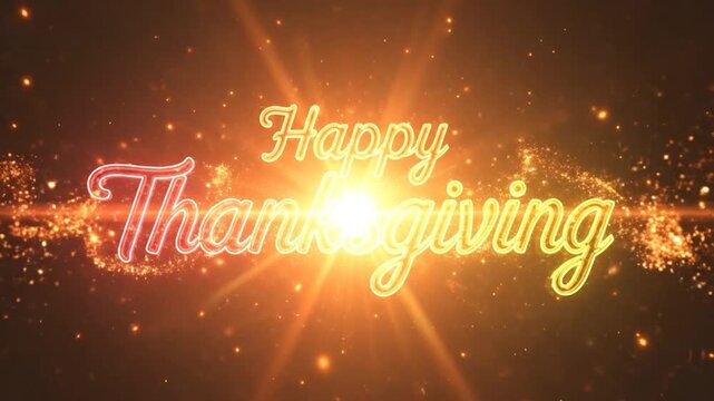 Happy Thanksgiving Neon Text with Glowing Particles and Lens Flare