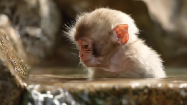 A tiny, curious monkey sits beside calm water on rocks, bathed in soft natural light, awed. and awe