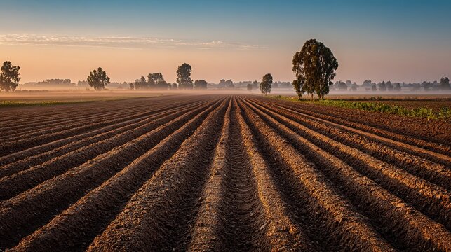 sedition. Early morning farmland with straight furrows under misty golden light. travel magazines, destination branding, designed for travel destination branding, used by ngo communicators.
