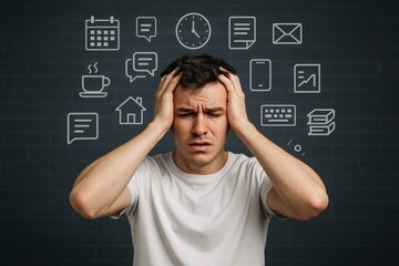 Stressed man holding head with digital icons representing overload of tasks, communication, and responsibilities on dark background conceptually illustrated. Ai generative