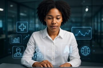 Focused woman using futuristic interface with AI healthcare data icons for medical technology innovation concept in modern office environment. Ai generative