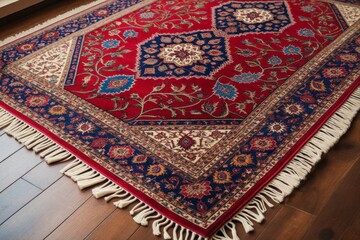 Detailaufnahme eines luxuri&ouml;sen roten Orientteppichs mit komplexen Mustern und Fransen in einem eleganten Raum