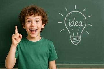 Happy child pointing up with idea lightbulb drawn on green chalkboard background, symbolizing creativity and learning concept in education classroom setting. Ai generative