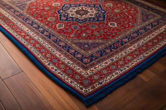 Detailaufnahme eines luxuri&ouml;sen roten Orientteppichs mit komplexen Mustern und Fransen in einem eleganten Raum