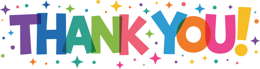 Vibrant multi colored THANK YOU! text with playful stars and dots expressing gratitude and appreciation