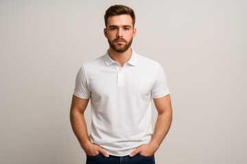 Fototapeta premium Confident young man standing with hands in pockets wearing white polo shirt, neutral expression, beige background, portrait concept of modern people. Ai generative