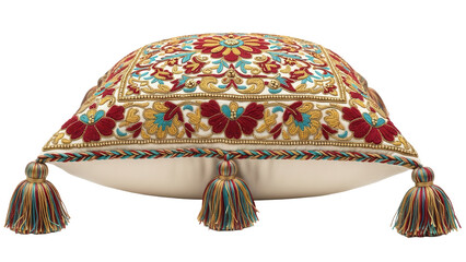 Close up front view of a decorative pillow with intricate embroidery and tassel details isolated on white background