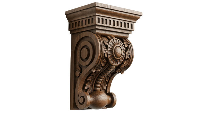 Close up detail of a carved wooden decorative corbel or architectural bracket on a wall isolated on white background