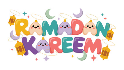 Obraz premium Ramadan Kareem: Vibrant depiction of Ramadan Kareem with charming illustrations, crescent moons, lanterns, and stars. It beautifully represents the spirit of Ramadan.