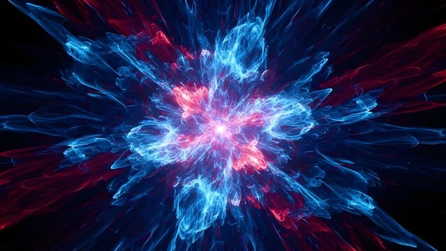 Abstract blue and purple fractal space background with glowing waves and stars