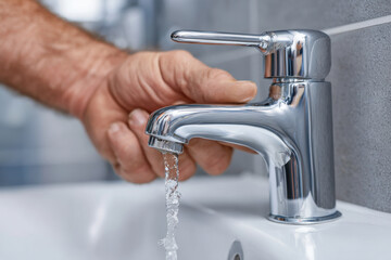 Water flows from the bathroom faucet, a man checks the pressure and temperature