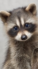 Obraz premium cute baby raccoon looking at camera, curious expression, neutral background