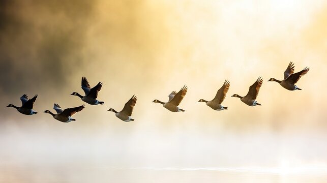 reuniting. Flock of migrating geese reuniting on a misty northern lake at dawn. wildlife magazines, conservation campaigns, designed for nature documentaries and education.