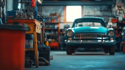 An automobile workshop, a car in the background, mechanics tools and accessories, blurs, general shot -