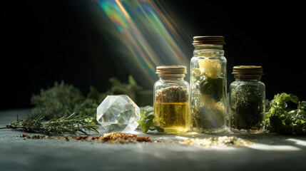 Aromatic herbs and spices in glass jars, perfect for natural health and beauty. Image showcases a collection of herbs and spices, ideal for creating natural cosmetics and promoting healthy living