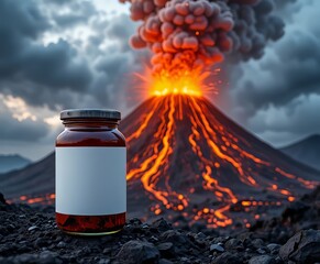 imagen de alta resoluci&oacute;n de un tarro de cristal con una etiqueta blanca, colocado de forma destacada en primer plano de una escena volc&aacute;nica