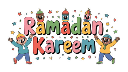 Fototapeta premium Ramadan Kareem Illustration: Festive and colorful illustration conveying the spirit of Ramadan Kareem with welcoming cartoon figures, lanterns and star in a celebratory scene. 