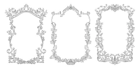 Vintage baroque frame set. Classic frames with hand drawn swirl of acanthus leaves and florals. Whimsical Victorian frames line art for wedding invitation decor, card, book cover, and save the date.