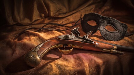 flintlock. Antique flintlock pistol and black mask arranged on faded velvet fabric, historical still life. event programs, museum guides, designed for cultural heritage projects and event programs.