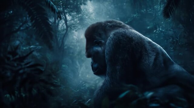 In a misty blue jungle, a solitary silverback gorilla surveys the shadowy understory. at dusk, eerie