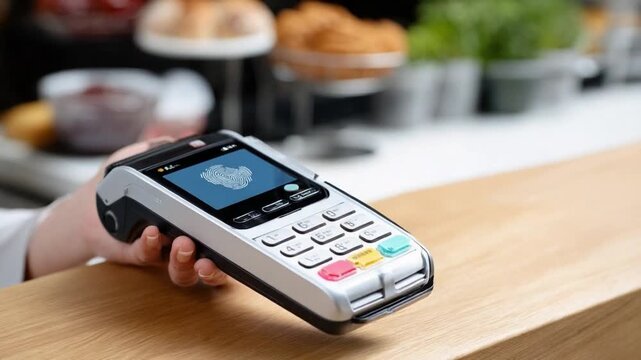 Cashless transaction: A modern point of sale system, showcasing a transaction with a person paying their bill through the machine with cutting edge payment technology.