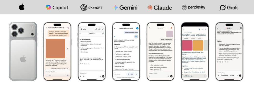 AI Chatbot Conversation Interfaces on iPhone 17 Pro Showing ChatGPT, Copilot, Gemini, Claude, Perplexity and Grok for Talking, Asking Questions, Generating Content and Interacting 