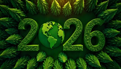 Aerial view of green forest with 2026 and Earth icon for environmental awareness, sustainability goals, and climate change action, happy new year and environment day, carbon reduction to net zero.