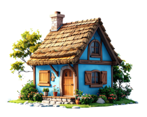 3D small house on blue background. 3D illustration 