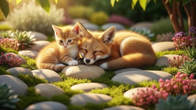 Adorable Fox and Kitten Cuddle Together in a Lush Garden