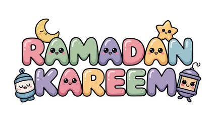 Obraz premium Ramadan Kareem: Festive calligraphy celebrates the holy month with cheerful symbols like the moon, star, and lanterns. The image is a joyful emblem of the season. 