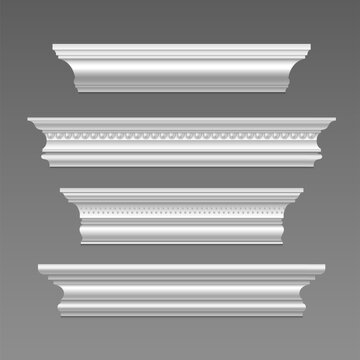 White cornice molding collection with decorative trim elements - classic baseboard and crown designs with ornate plaster patterns. Architectural wall borders with realistic 3d relief frieze details