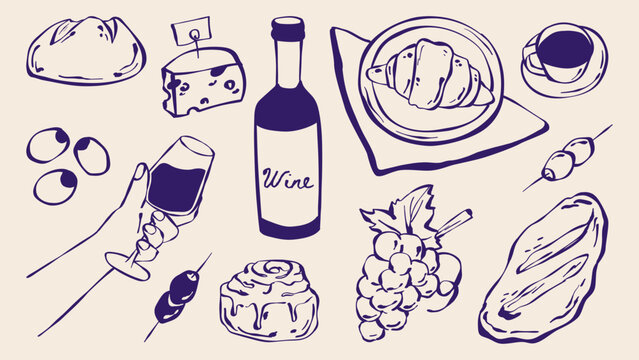 Hand drawn French food doodle collection with wine and cheese, croissant and bread sketches. Italian menu illustrations with bottle and glass, grape and cafe elements. Vintage line restaurant icons