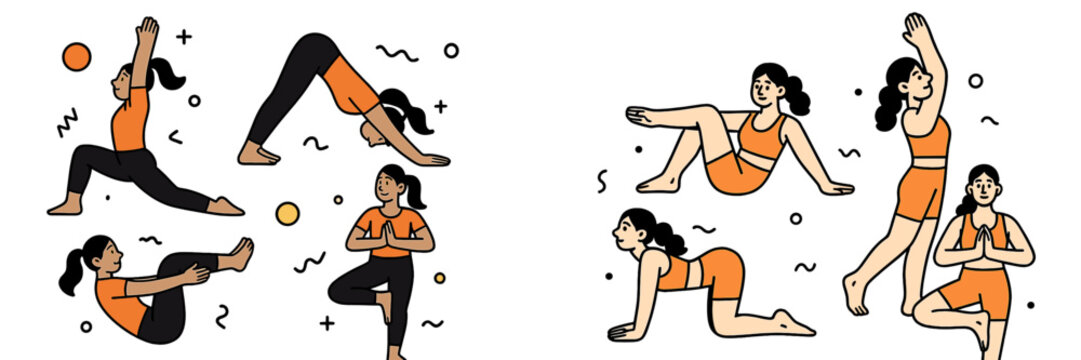 Yoga exercises in vibrant vector illustration for wellness