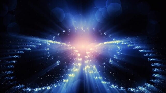 Abstract trinity rings motion with blue light rays and glowing particles on dark background