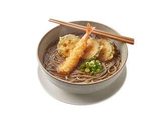 A bowl of Japanese Tenpura soba noodles on a white background, enjoyed on New Year's Eve

