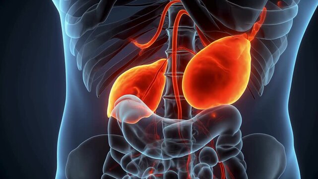 3D animation of the human kidneys and adrenal glands glowing in