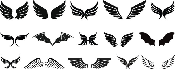 Wings icon, Black wing silhouettes, Angel and bird wings icons, Wings collection in different shapes.Vector angel wings set collection illustration drawing silhouette design graphic element isolated © MR Vector Store