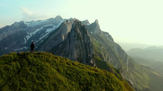 Aerial view of Switzerland's breath-taking tall mountains and flora.