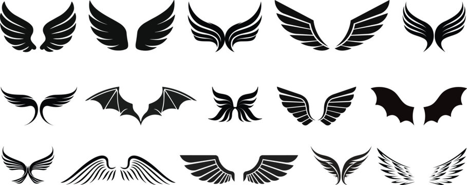 Wings icon, Black wing silhouettes, Angel and bird wings icons, Wings collection in different shapes.Vector angel wings set collection illustration drawing silhouette design graphic element isolated