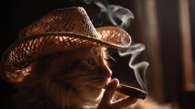 A fluffy cat wearing a woven straw hat puffs a cigar, smoke curling in warm, dim light in cozy glow!