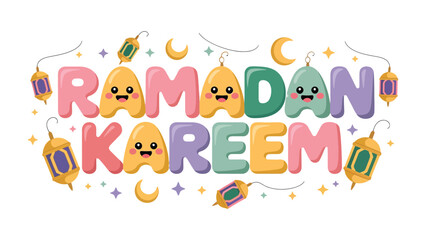 Obraz premium Ramadan Kareem Illustration: Festive and colorful Ramadan Kareem illustration with smiling letter characters and ornaments to celebrate the holy month.