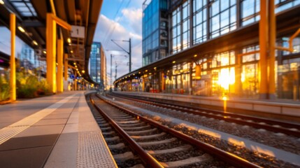 Old Railway Station Architecture Featuring Steel Beams and Sunset Light Reflection