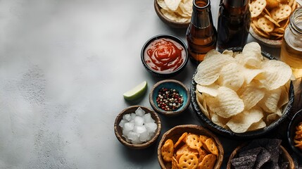 Overhead view features assorted appetizers including chips, dips, beer, and snacks arranged on a textured gray surface for a casual gathe.